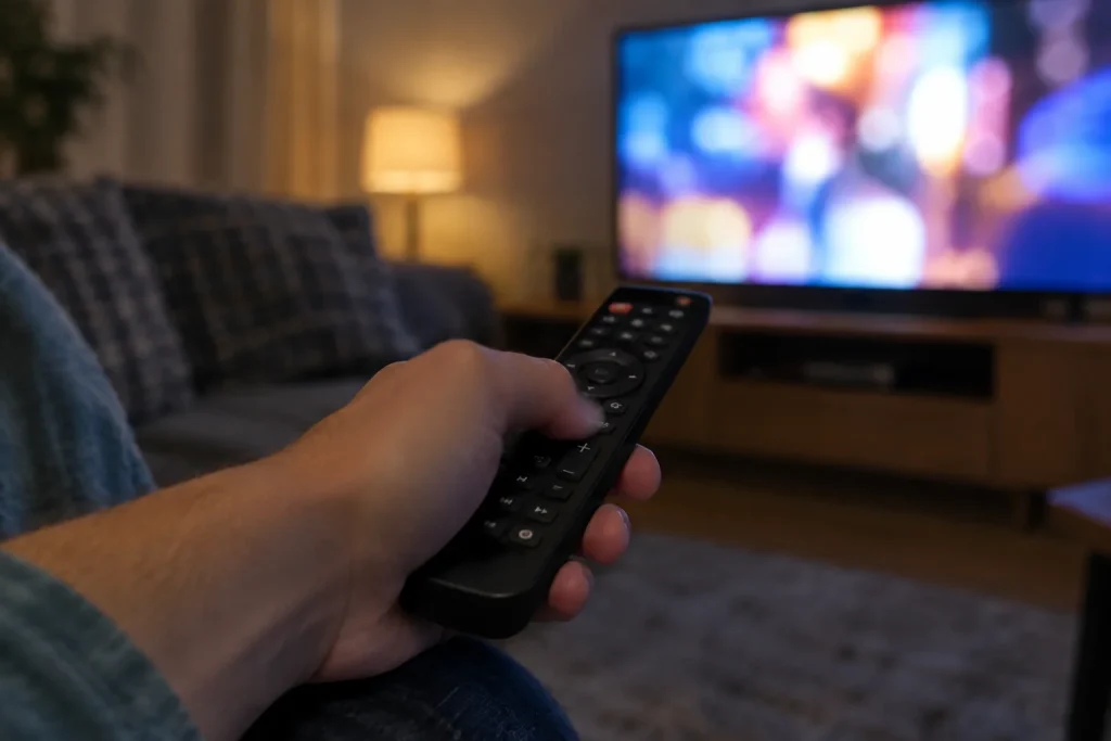 Hand håller fjärrkontroll riktad mot tänd tv i halvmörkt vardagsrum, relaterat till Döden vid fjorden på TV4.