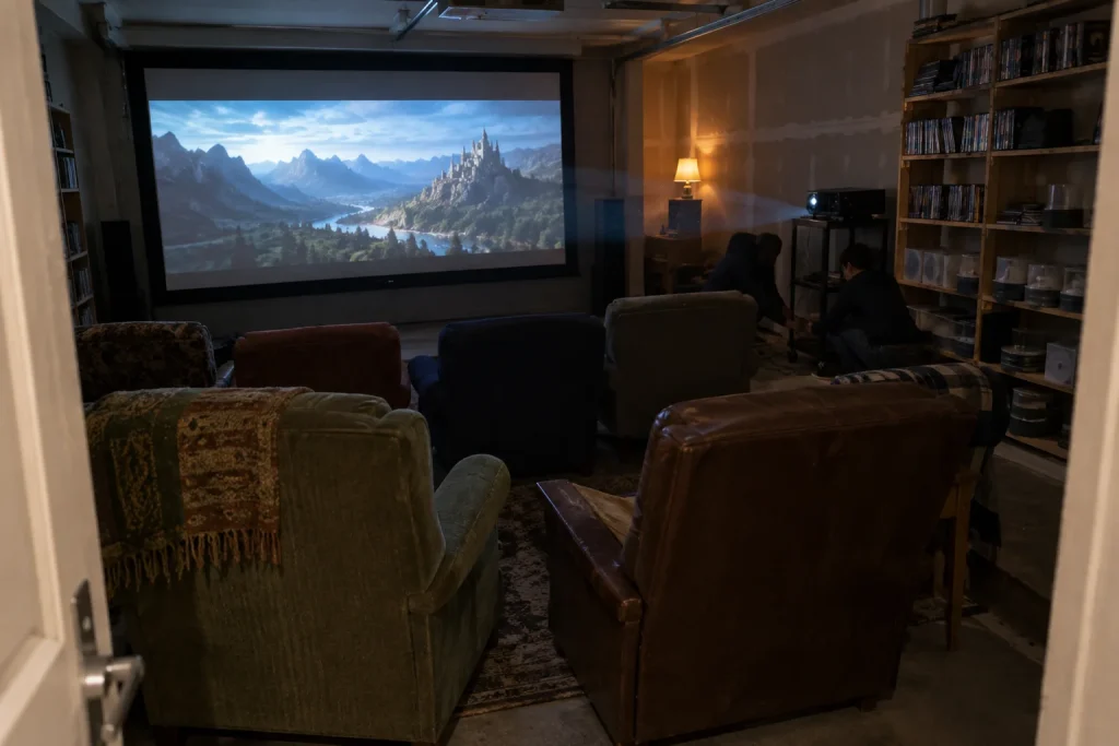 Hemmabio i ombyggt garage med projektorduk och fåtöljer, ett tips i Underskattad sci-fi för alla Nolan-fans