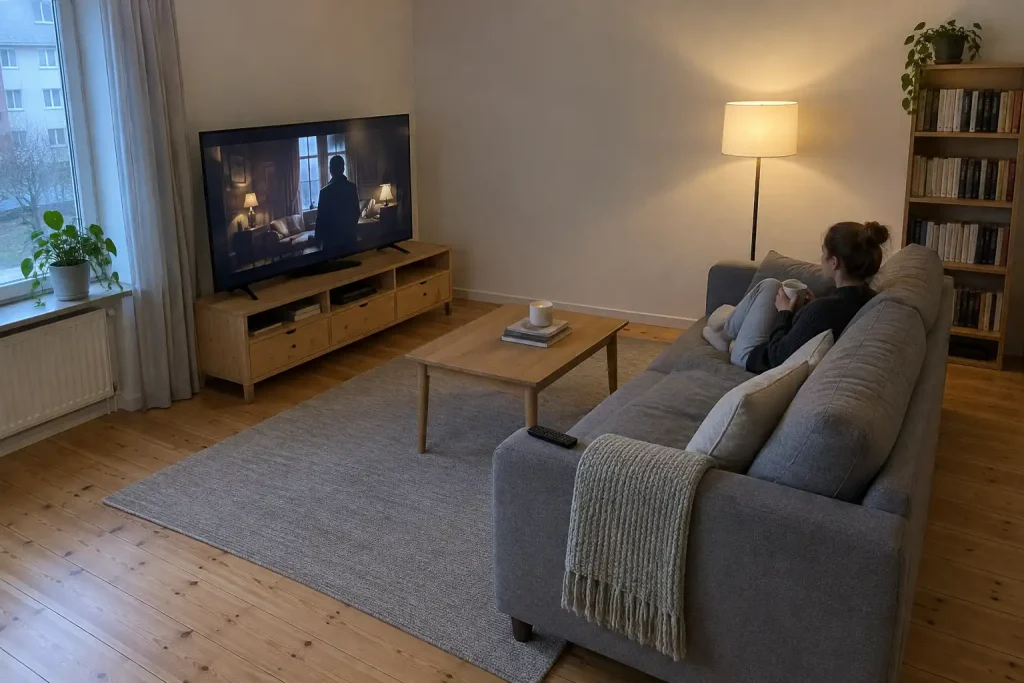 Person i soffan tittar på tv i ett vardagsrum, bland Bästa tv-serier 2000-talet: topp 100 2026