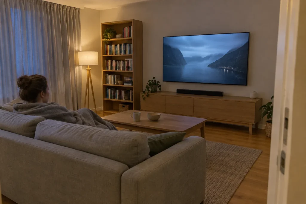 Kvinna under filt tittar på en kriminalserie i soffan, till LISTA: Frossa i krim- och thrillers i helgen – 8 filmer och se...