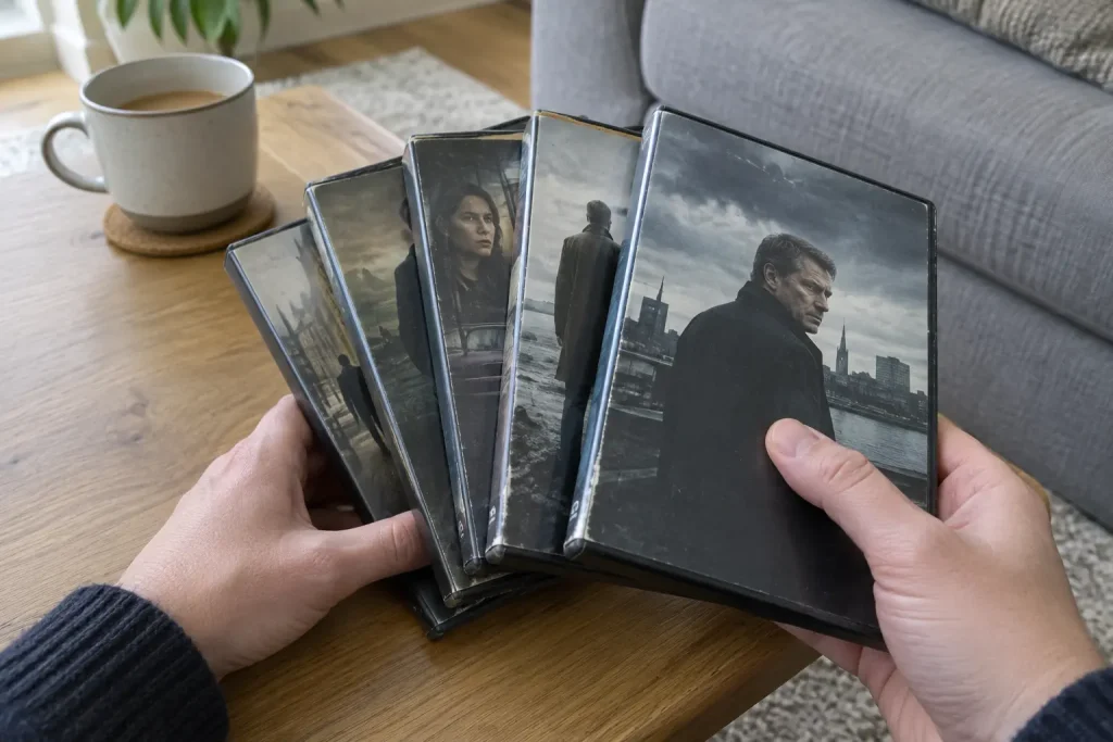Händer bläddrar bland slitna DVD-fodral med kommissarie Lynley vid ett soffbord