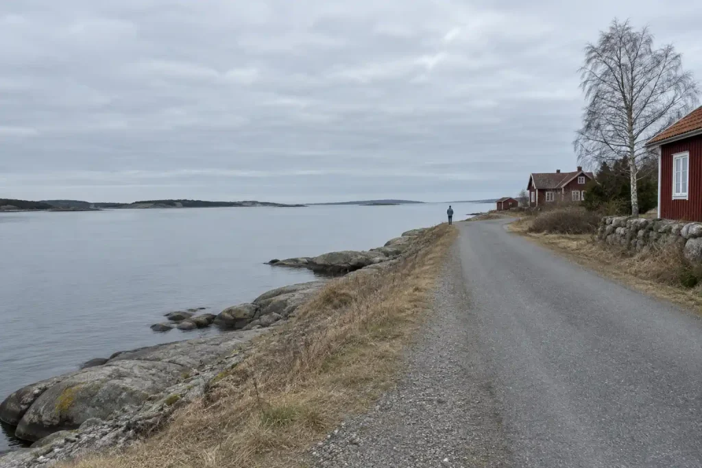 Ensam gestalt på kustväg en grå morgon, stämning som i svenska kriminalserier