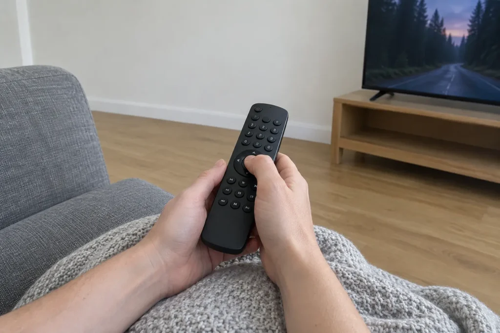 Händer med fjärrkontroll på soffan väljer bland svenska kriminalserier att titta på