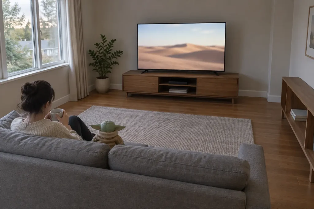 Person i soffa med en mugg framför TV:n, bild till The Mandalorian and Grogu should have been a season of TV