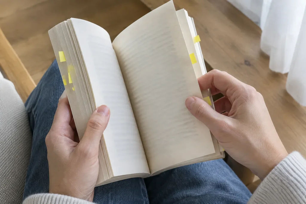 Händer bläddrar i en pocketbok med gula post-it-lappar, till artikeln 10 böcker som måste bli film på en gång