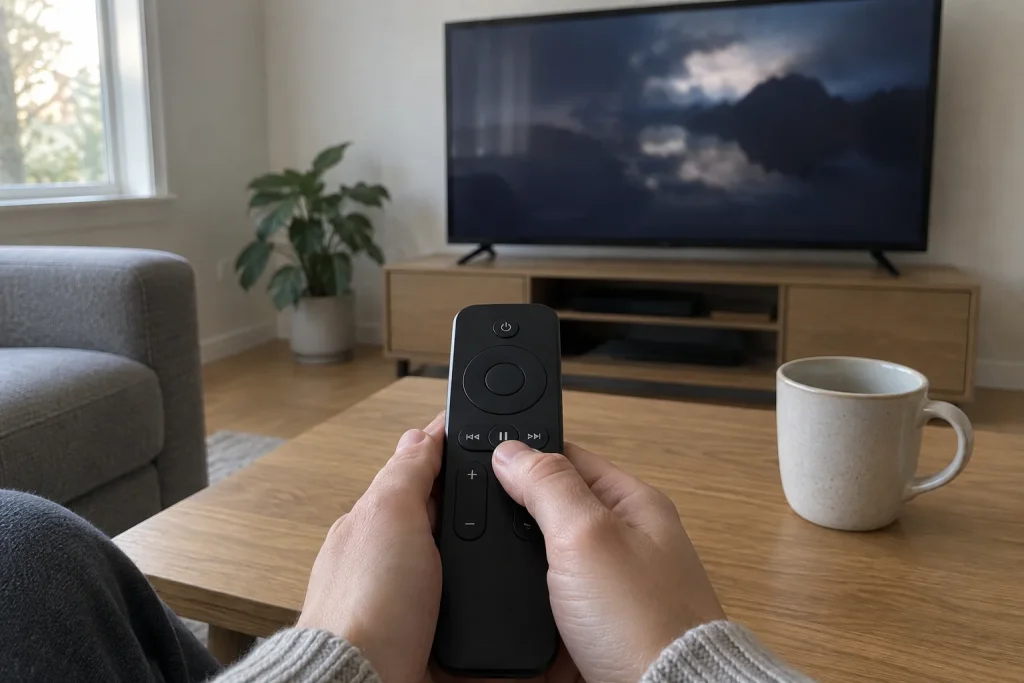 Händer pausar en true crime-serie på Netflix i soffan, en tom kopp bredvid