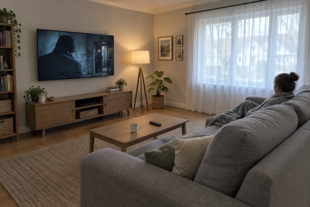 Person i filt tittar på true crime-serier hos Netflix i en ljus vardagsrum